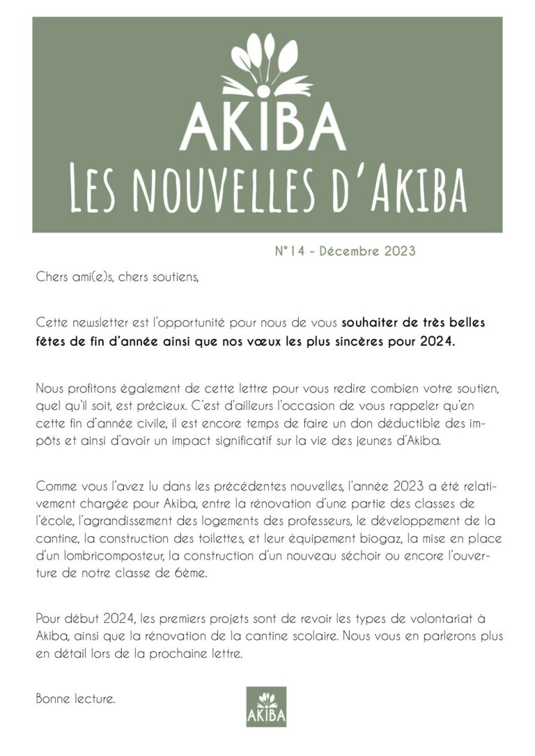 Lire la suite à propos de l’article Akiba newsletter 14 – Décembre 2023